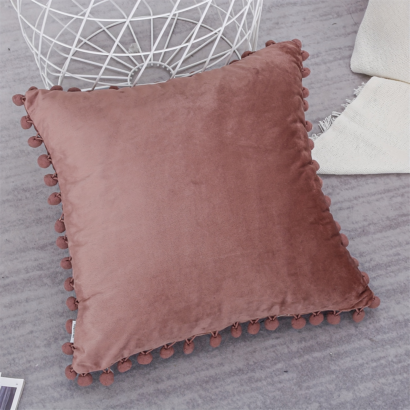 Topfinel Square Solid Color Throw Pillow Cover, Decorative Throw Pillow Covers for Couch Bed Soft Particles Velvet Solid Cushion Covers with Pom-Poms