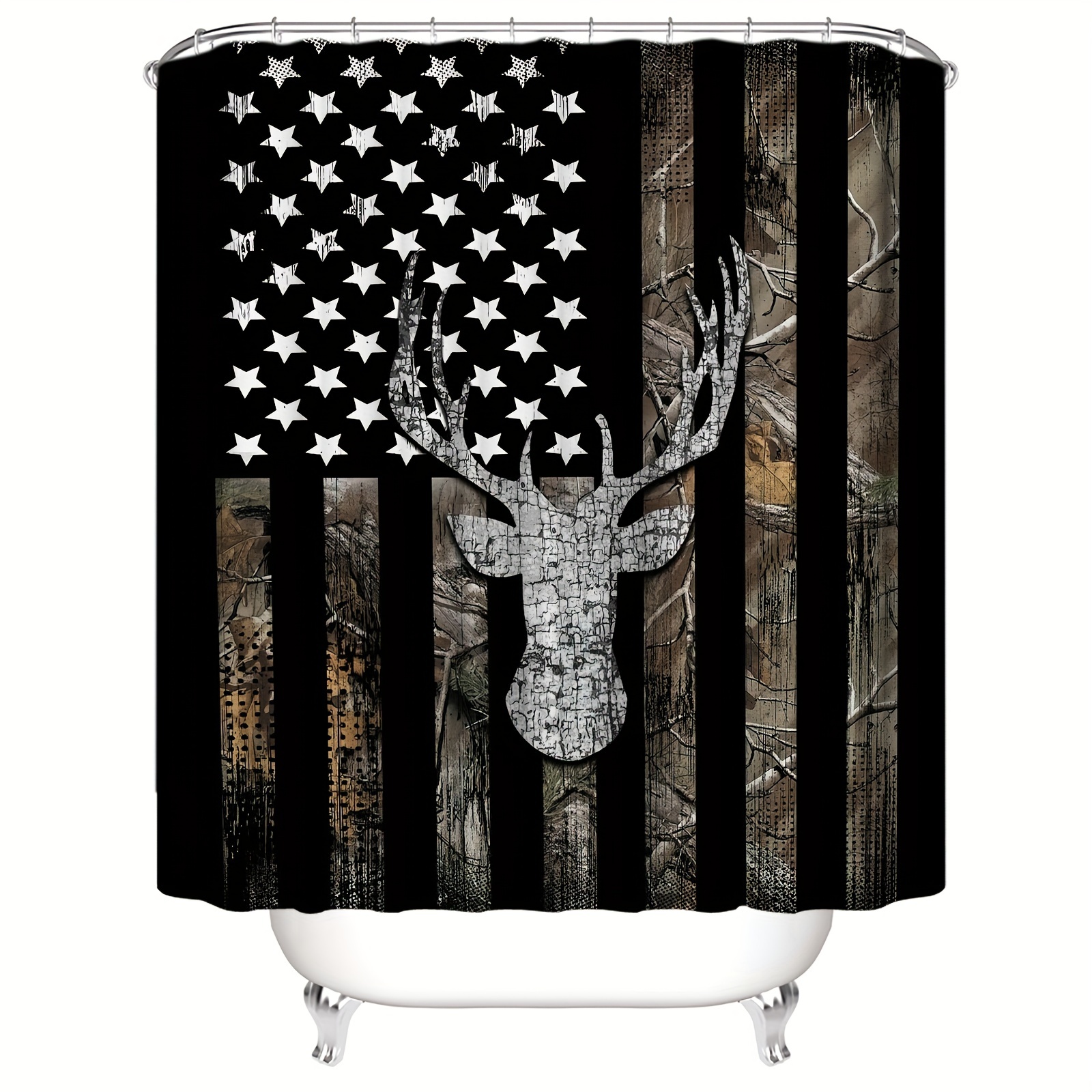 4PCS/Set Rustic Cabin Shower Curtain, Foggy Woodland Deer Elk