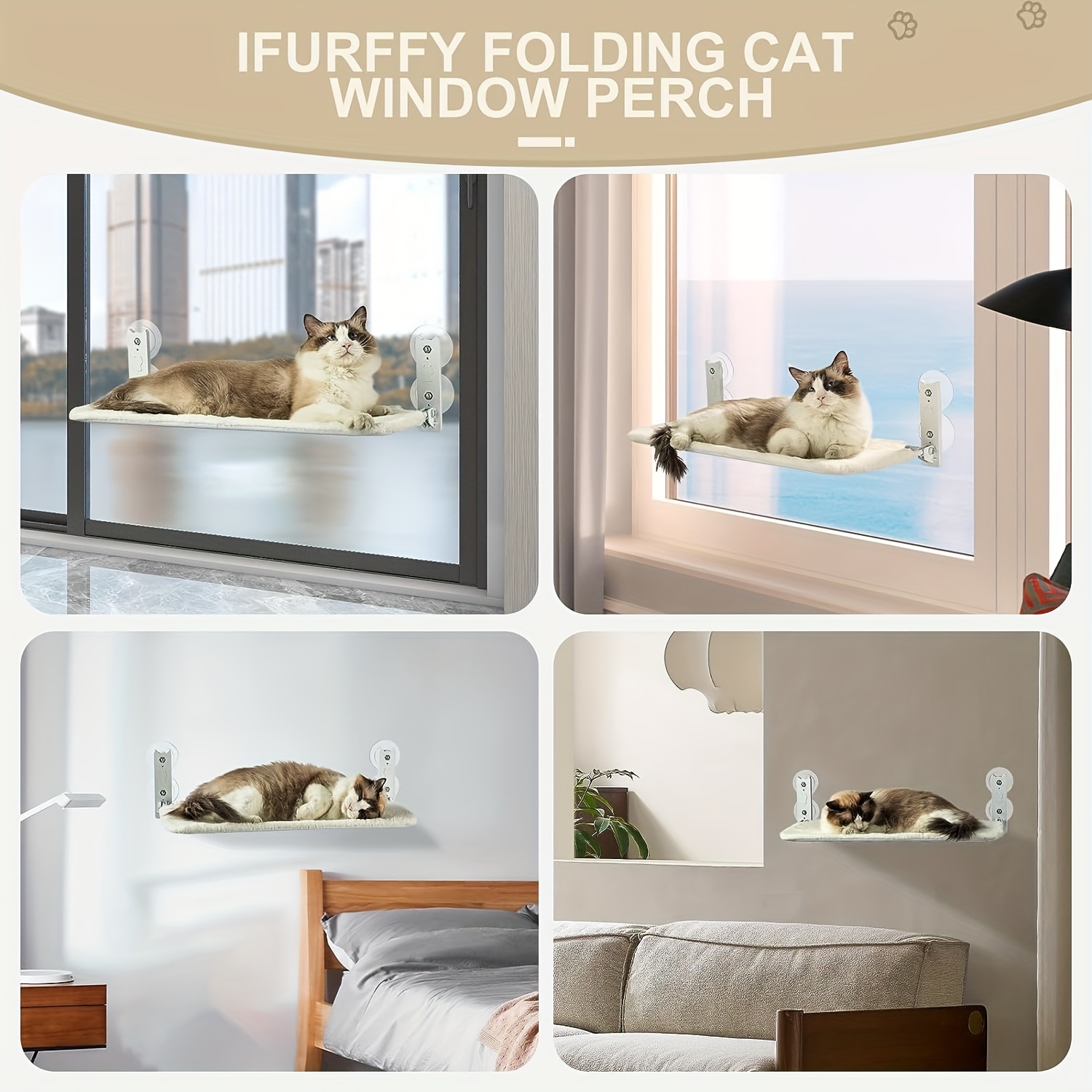 Cordless Cat Window Perch Wall Mounted Cat Hammock With 4 Heavy