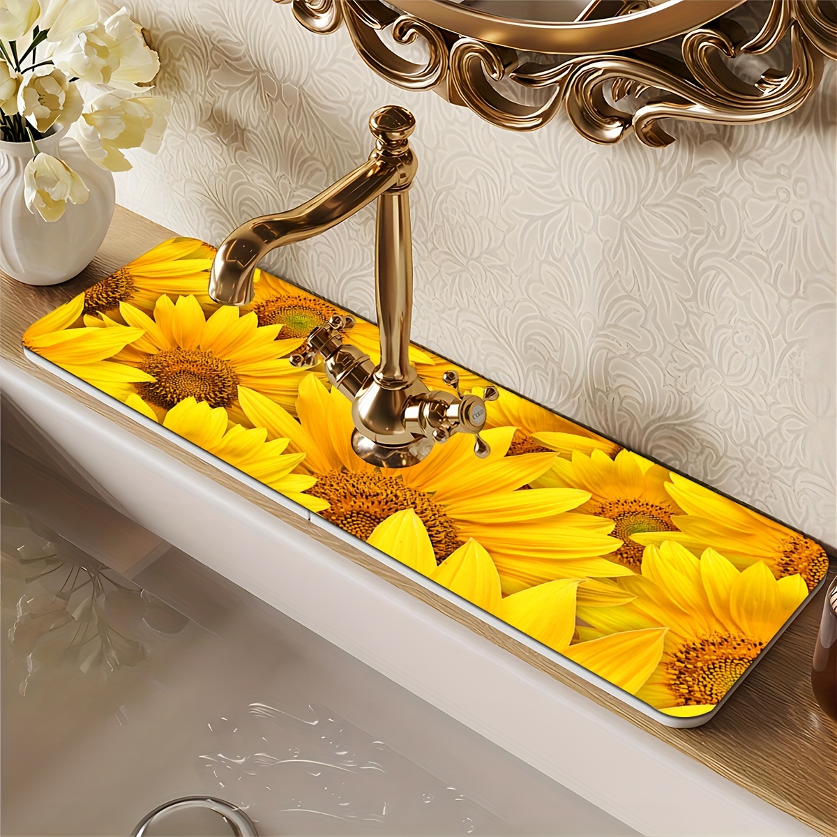 Floral Sink Faucet Absorbent Mat, Drainage Pad, Kitchen, Bathroom Sink Pad,  Countertop Drain Pad, Diatomaceous Washbasin Mud, Cuttable Quick Drying Pad  - Temu