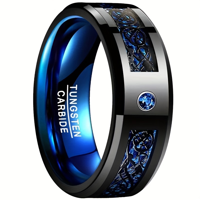 

1pc 8mm Wide Inlaid Black Dragon Pattern Blue Carbon Fiber Men's Tungsten Ring, Personality Men's Sports Leisure Accessories