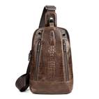 mens vintage chest bag genuine leather shoulder bag first layer cowhide crocodile pattern sling chest pack for travel outdoor hiking camping