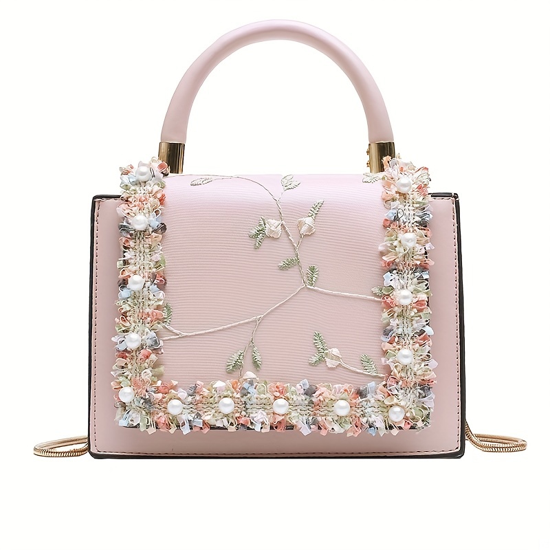 Floral Jacquard Faux Pearl & Chain Decor Shoulder Tote Bag