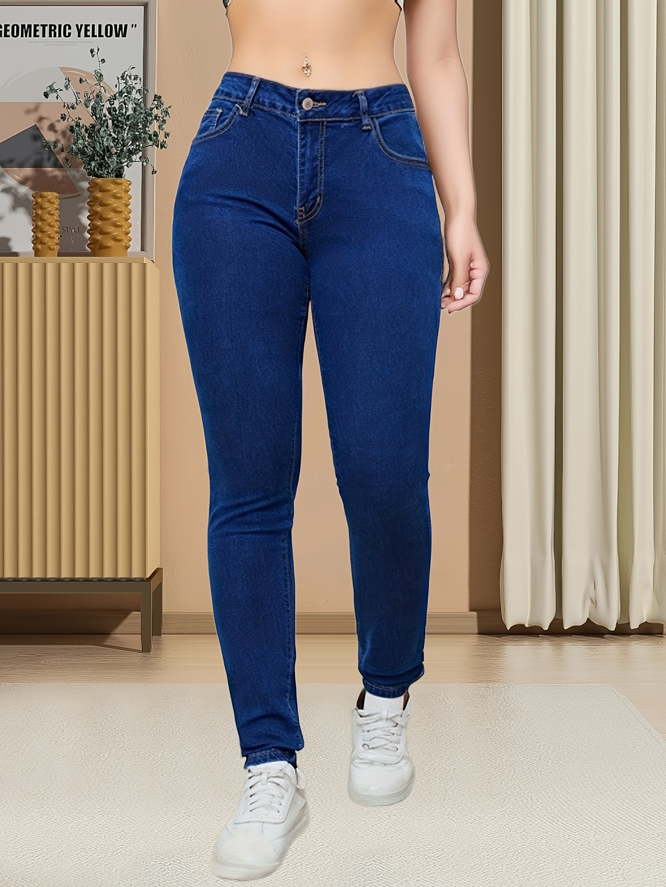 Blue High Stretch Skinny Jeans Slim Fit Slant Pockets Casual