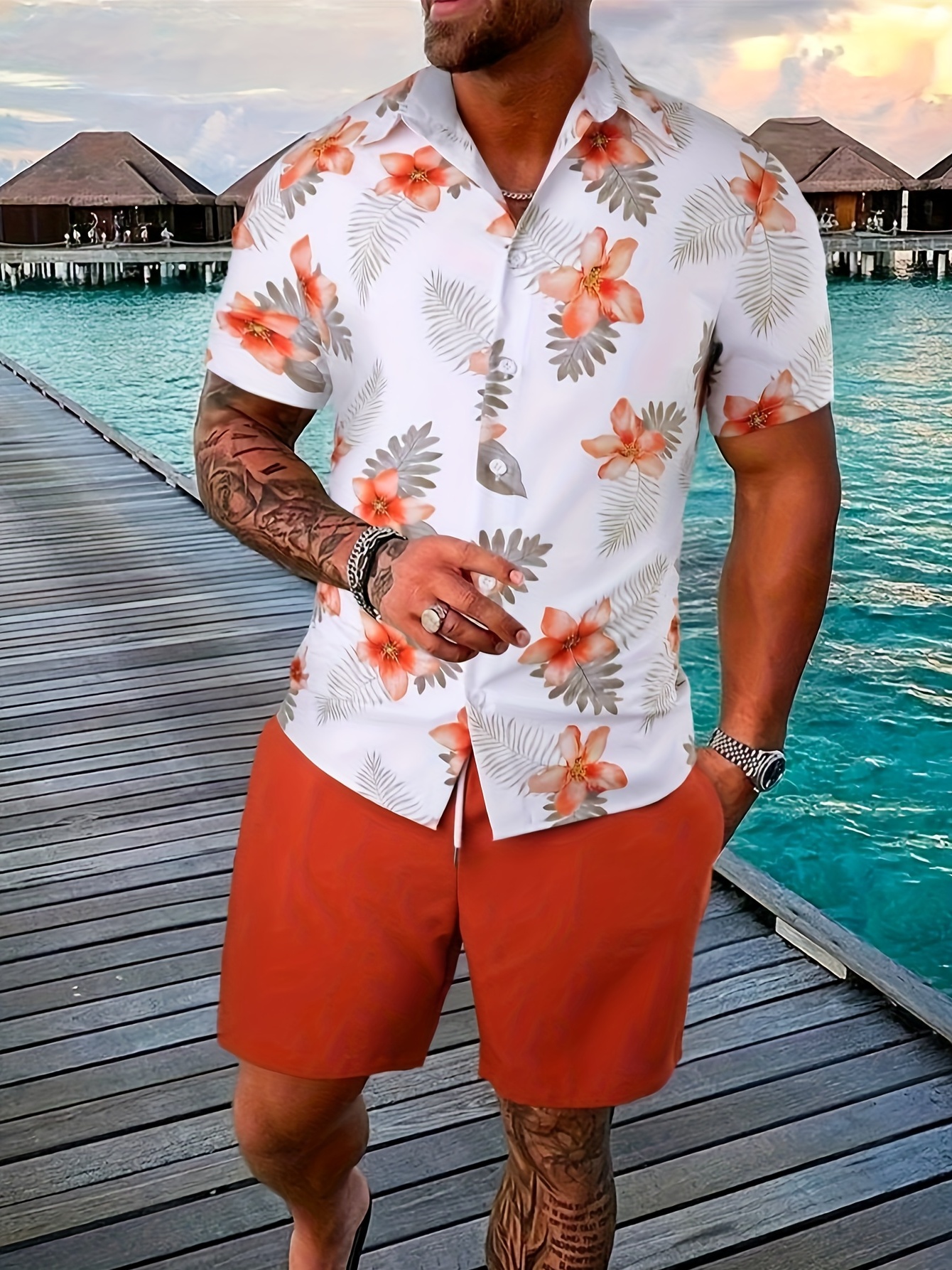 Summer Men Lapel Neck Floral Printed Outfit Short Sleeve Shirts+Shorts 2Pcs  Set