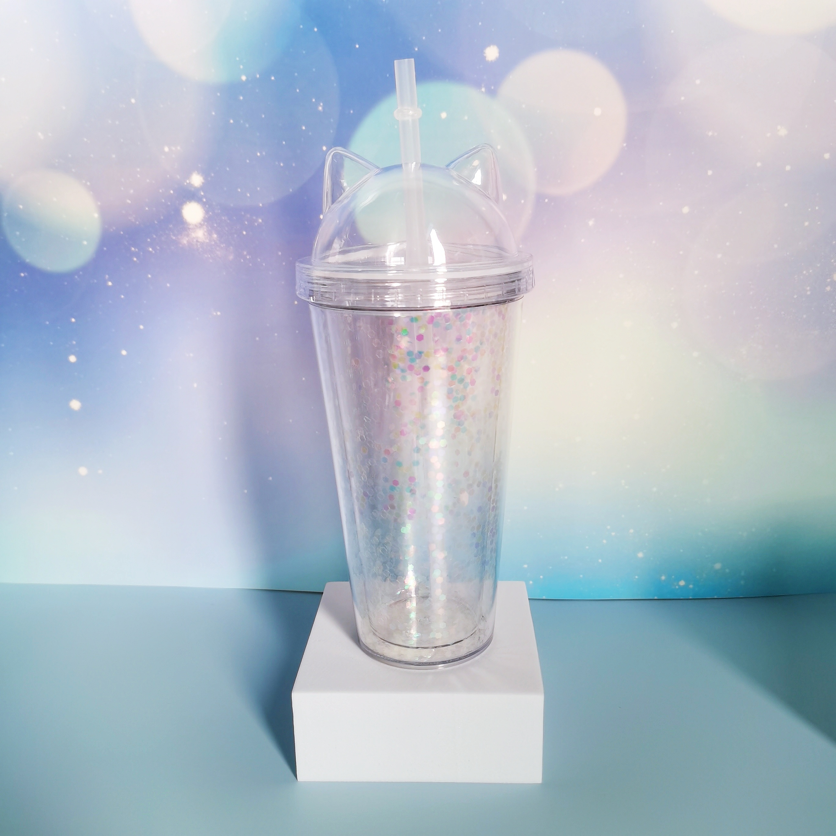 1pc Glitter Tumbler With Car Ear Lid And Straw Double Walled Water