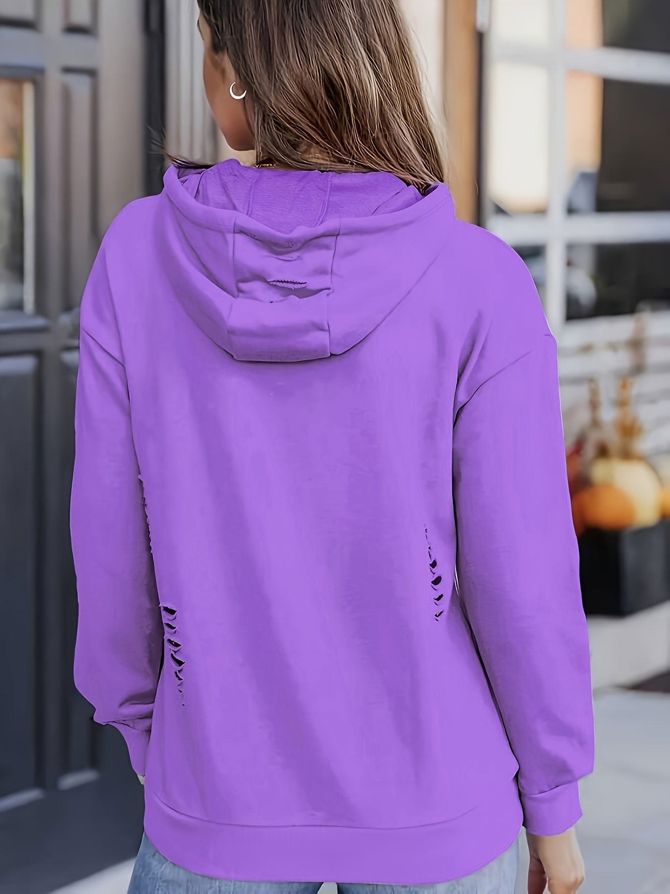 BYOIMUD Women's Comfortable Sweatshirt With Thumb Hole Savings Solid Color  Pullover with Kangaroo Pocket Loose Fashion 2023 Long Sleeve Drawstring  Hoodies with Buttons Plus Size Purple S 