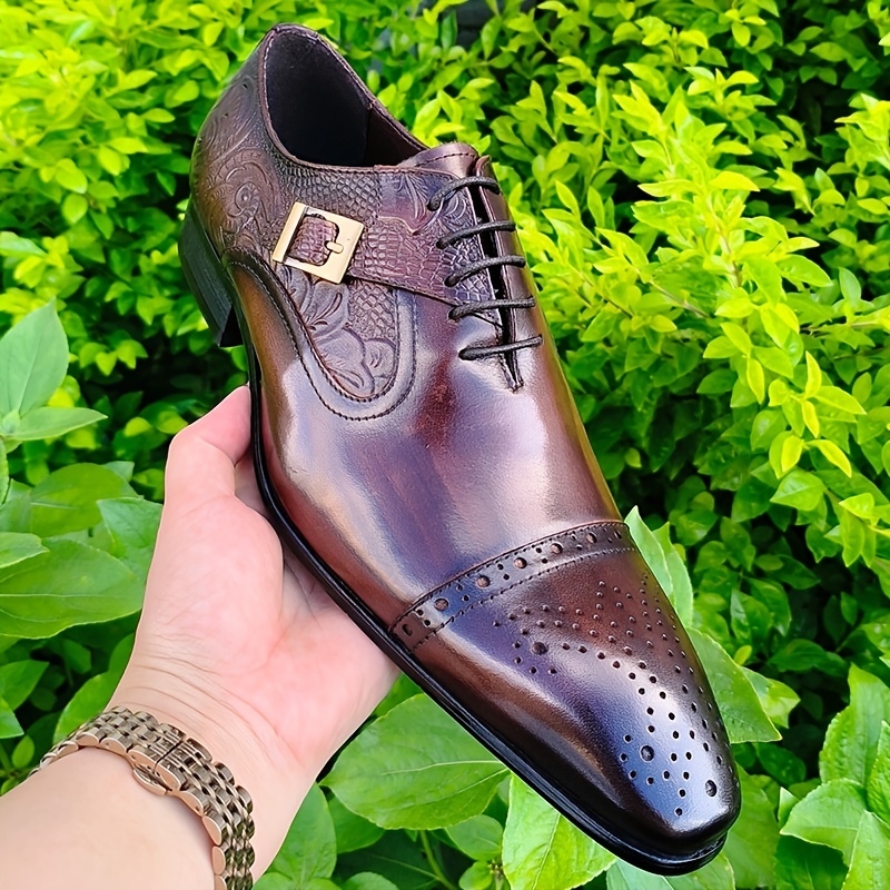 Mens Brogue Toe Oxford Shoes With Side Buckle Lace Up Front Dress