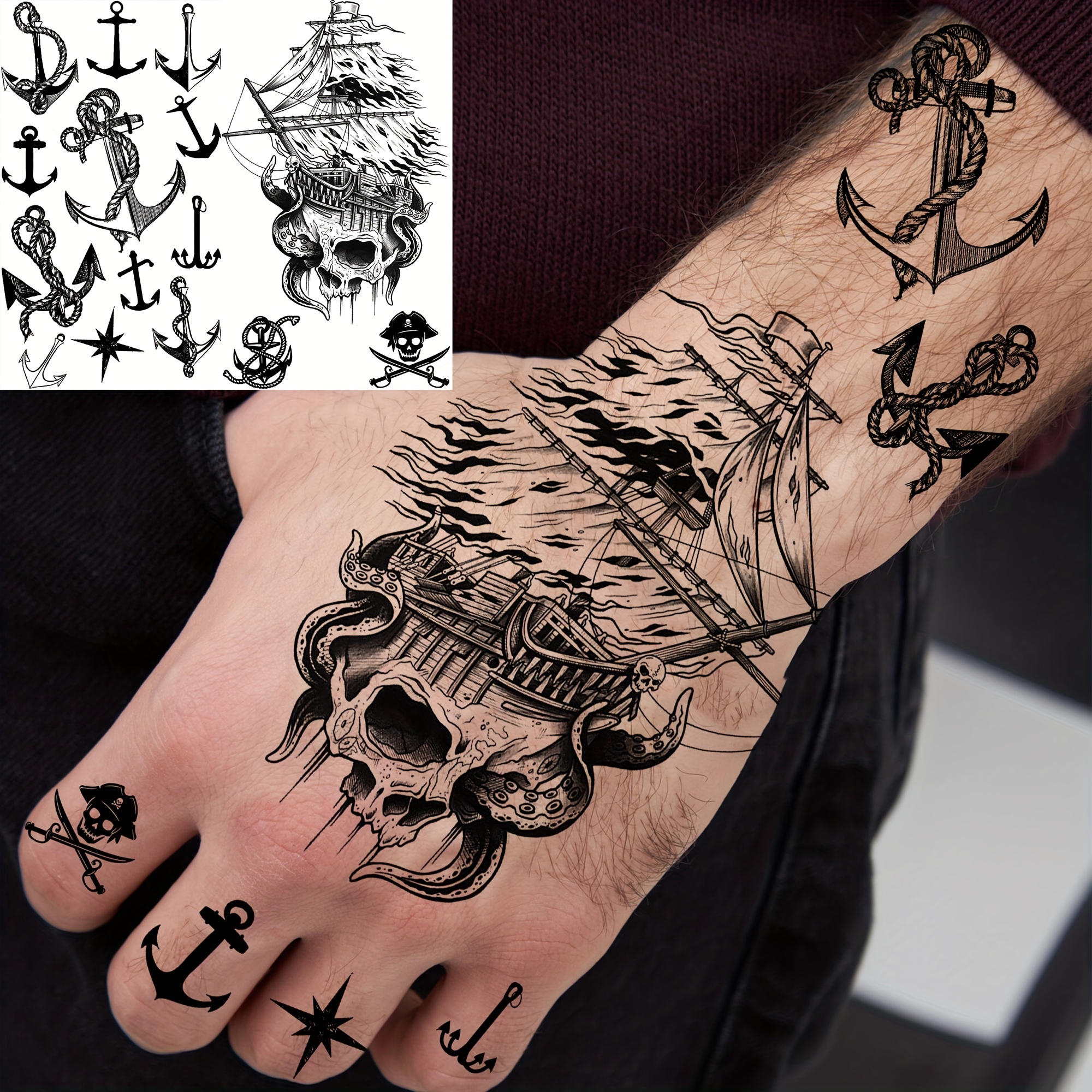 Pirate Ship Anchor Temporary Tattoos For Men Adults Women, Shark Compass  Pirate Captain Boat Tattoo Stickers, Long Lasting Shark Waterproof Fake  Tattoo Paste - Temu