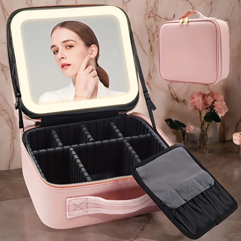 Makeup Bag With Mirror And Light 3 Colors Travel Makeup Bag - Temu