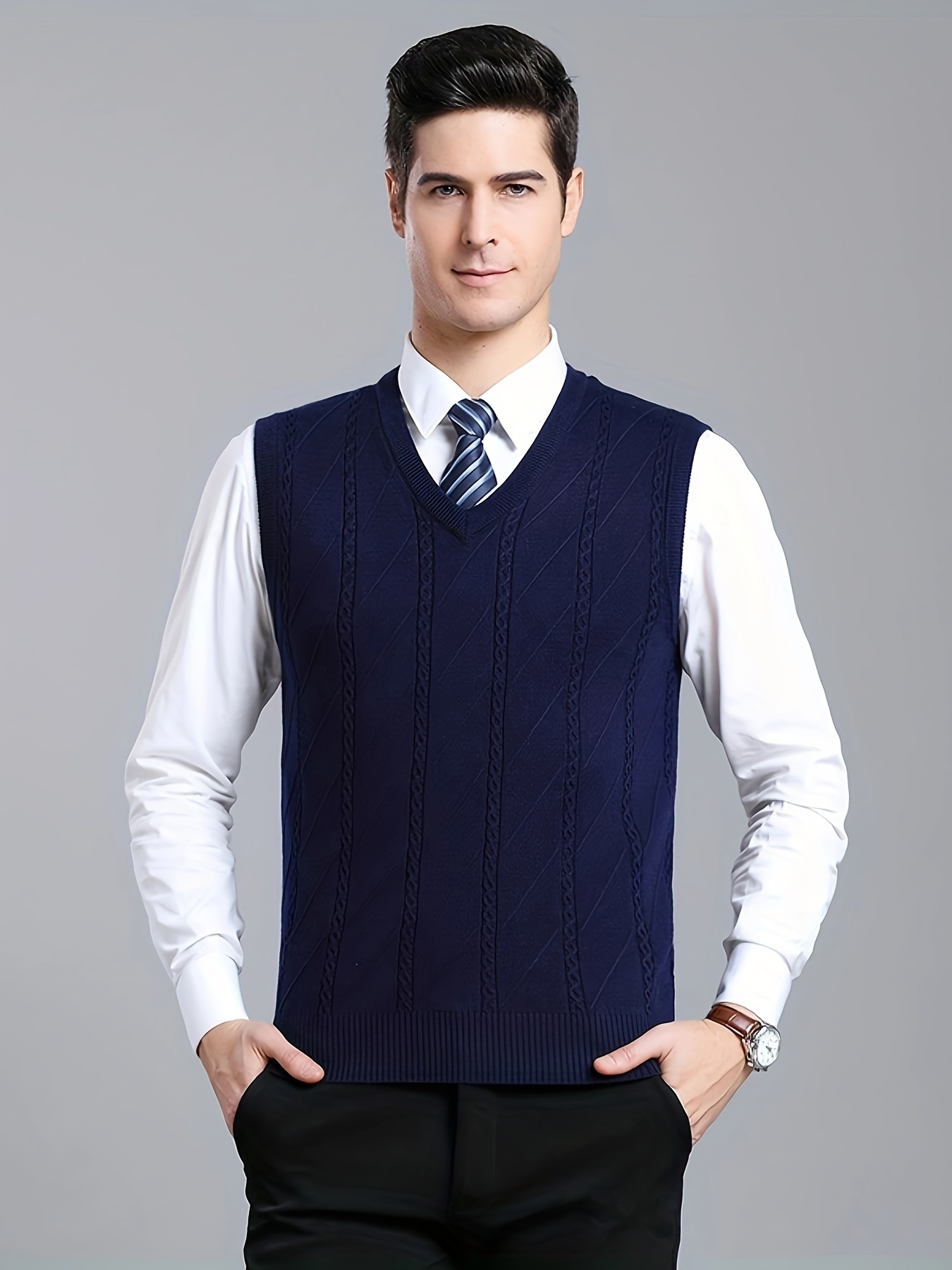 Men's V Neck Sweater Vest, Pullover Solid Color Sleeveless Sweaters Vest,  Preppy Style