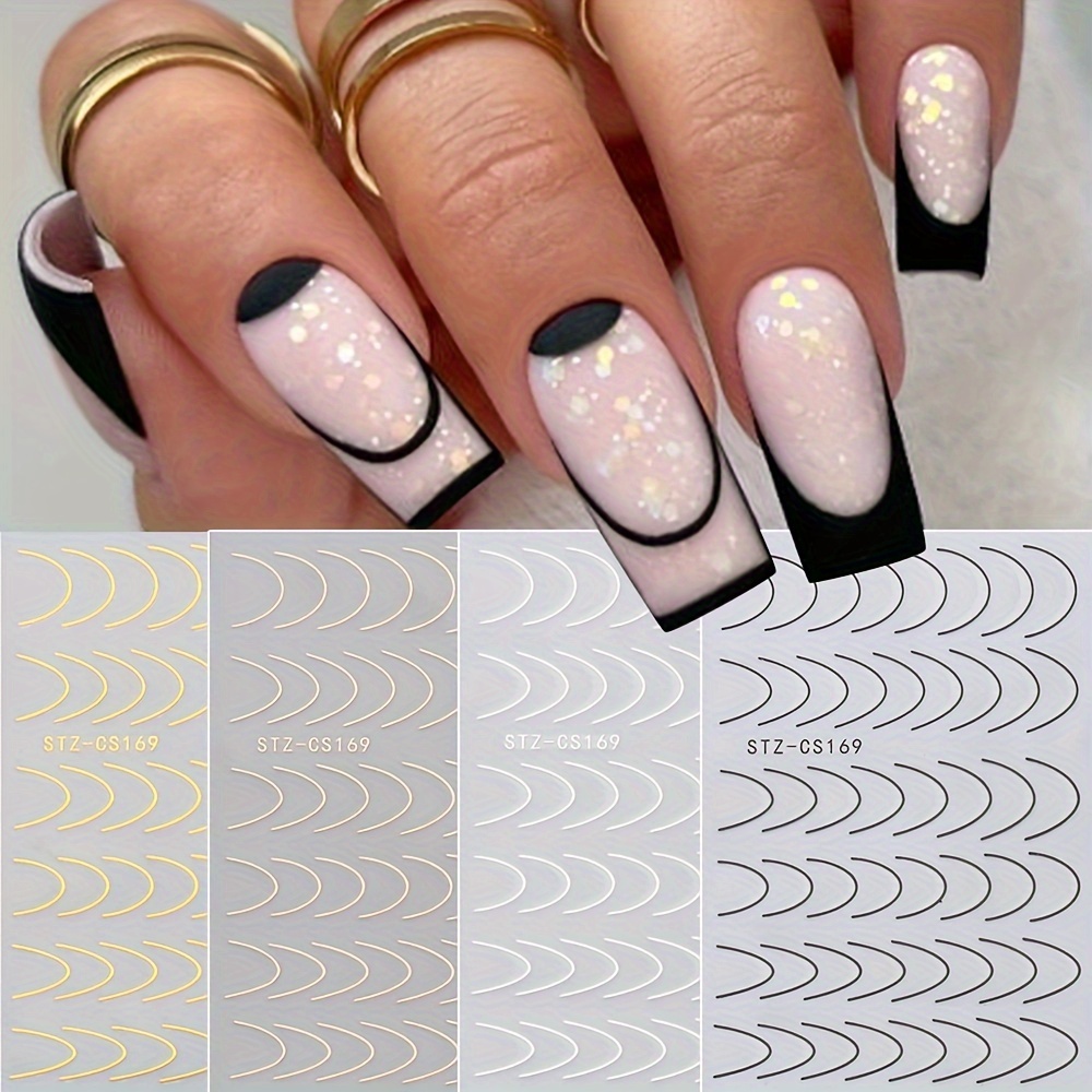 

4 Sheets 3d French Line Nail Stickers Nail Art Decals Black White Golden Rose Golden French Smile Curved Strip Line Acrylic Nail Art Decorations