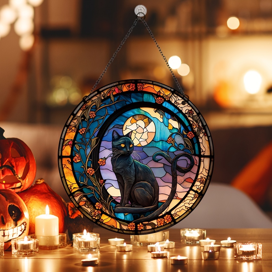 Acrylic Halloween Flower Cat Round Window Pendant