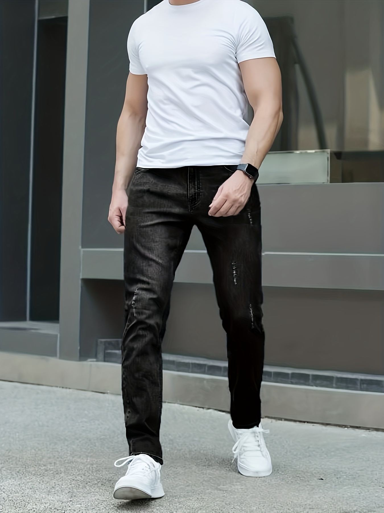 Men's Solid Black Jeans Comfy Casual High Stretch Pants - Temu Canada