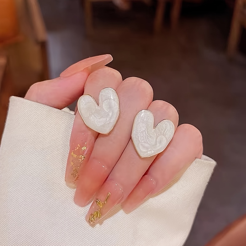 Unique White Heart Stud Earrings Personality Ear Jewelry For - Temu