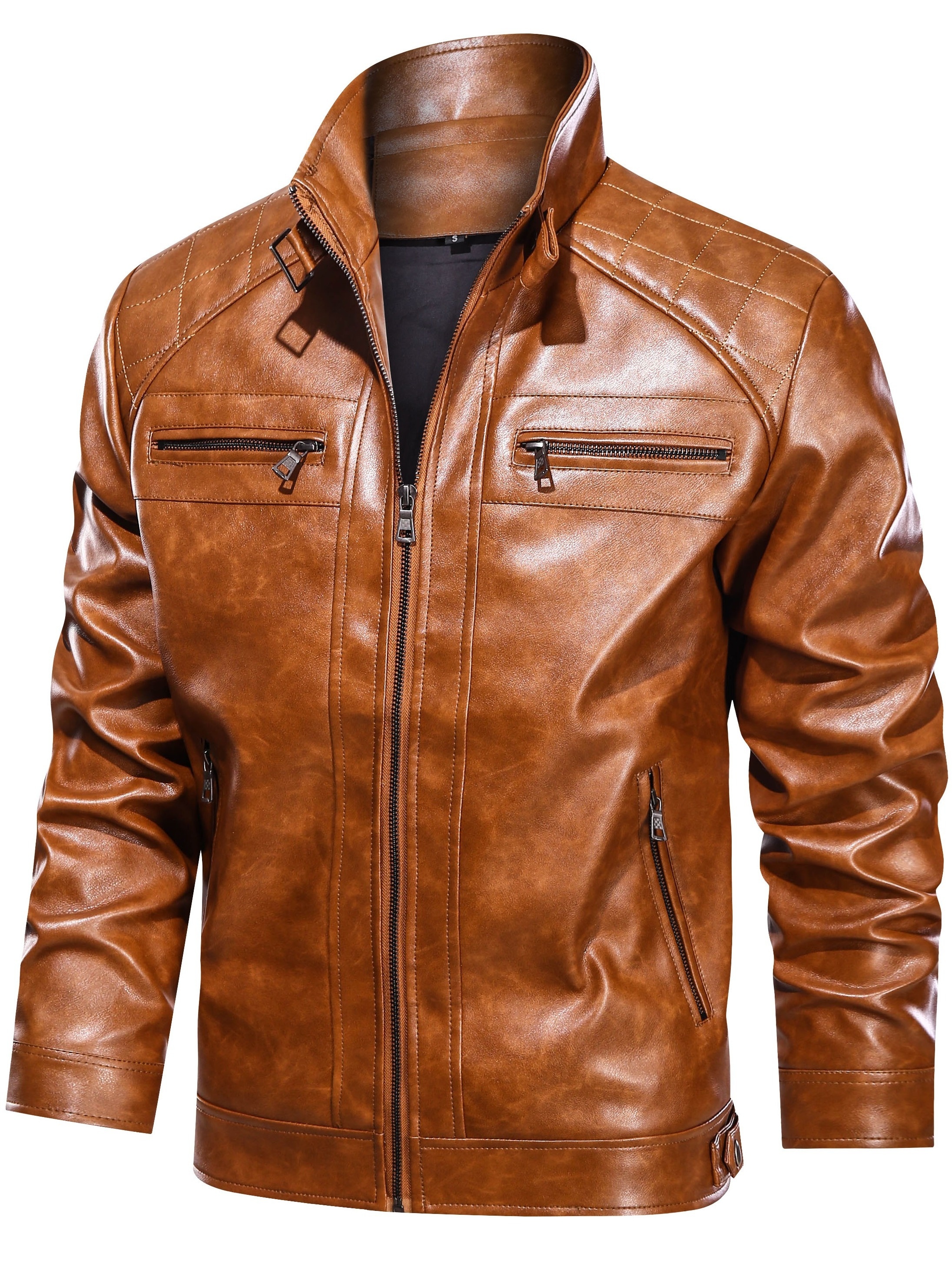 Men's Casual Retro PU Leather Jacket, Chic Zipper Pockets Biker Jacket