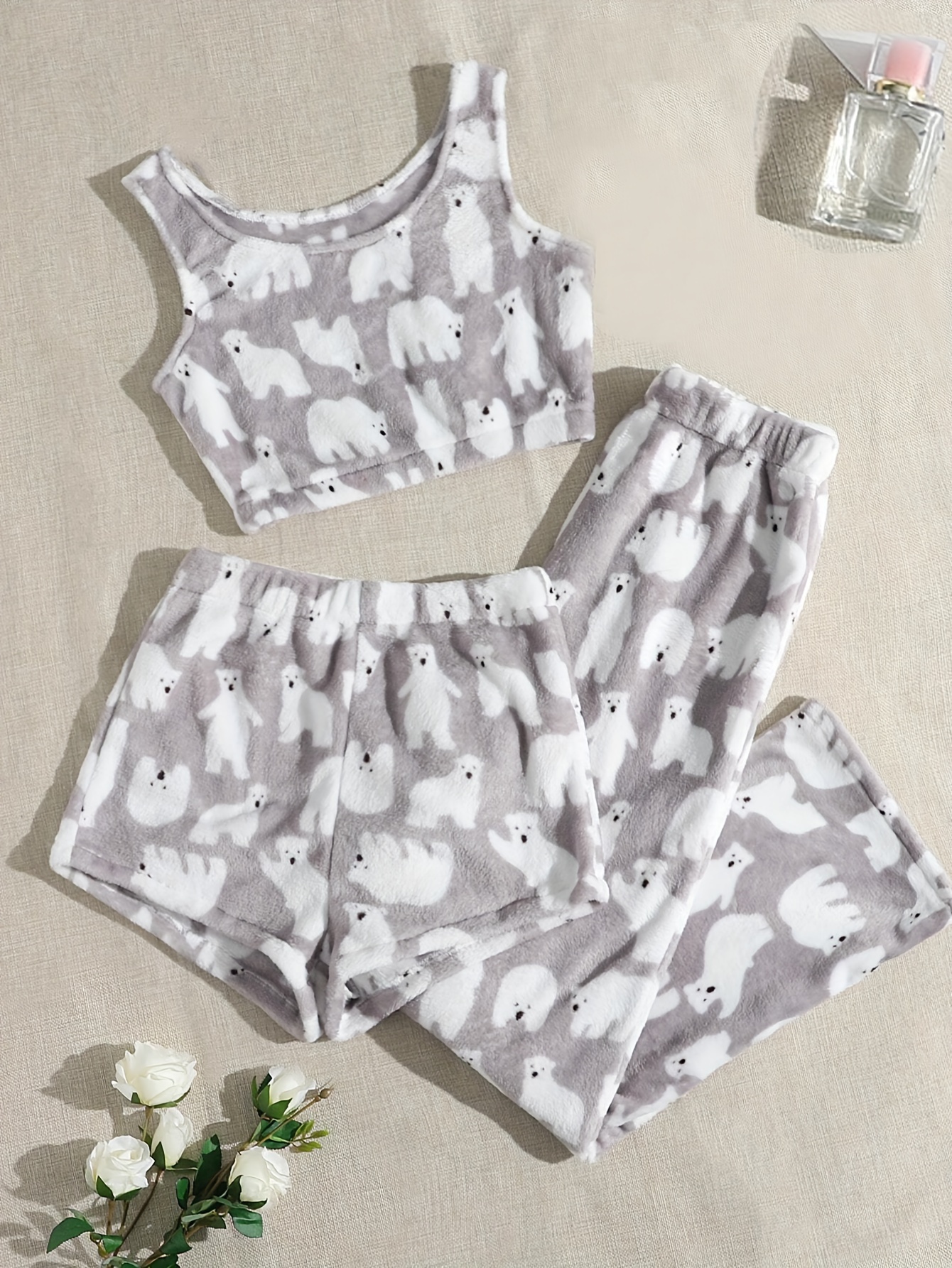 Casual Polar Bear Print Fleece Pajama Set Round Neck Crop - Temu Canada