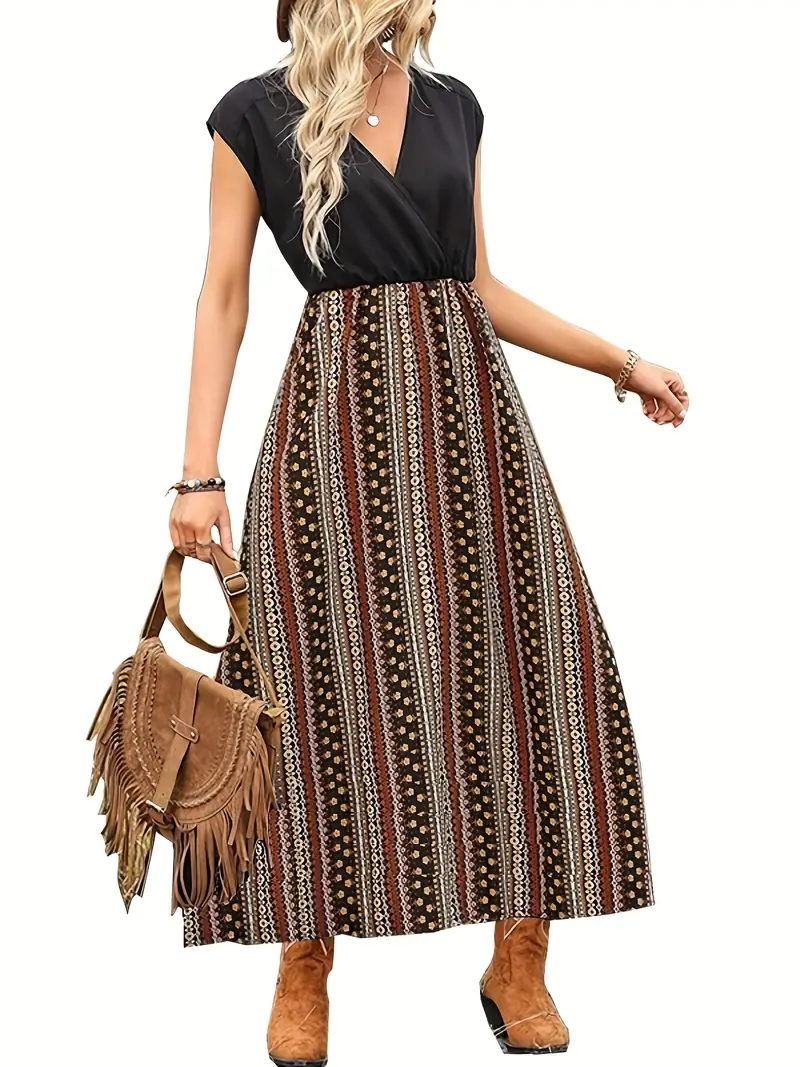 Casual Print Contrast V Neck Waist Skirt Dresses Casual Print Contrast V Neck Waist Skirt Dresses