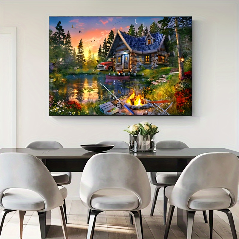 Forest Cabin Fishing Canvas Painting Painting Posters Prints - Temu