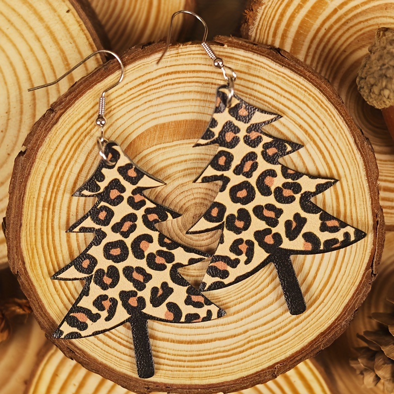 Vintage Christmas Tree Leopard Print PU Leather Earrings