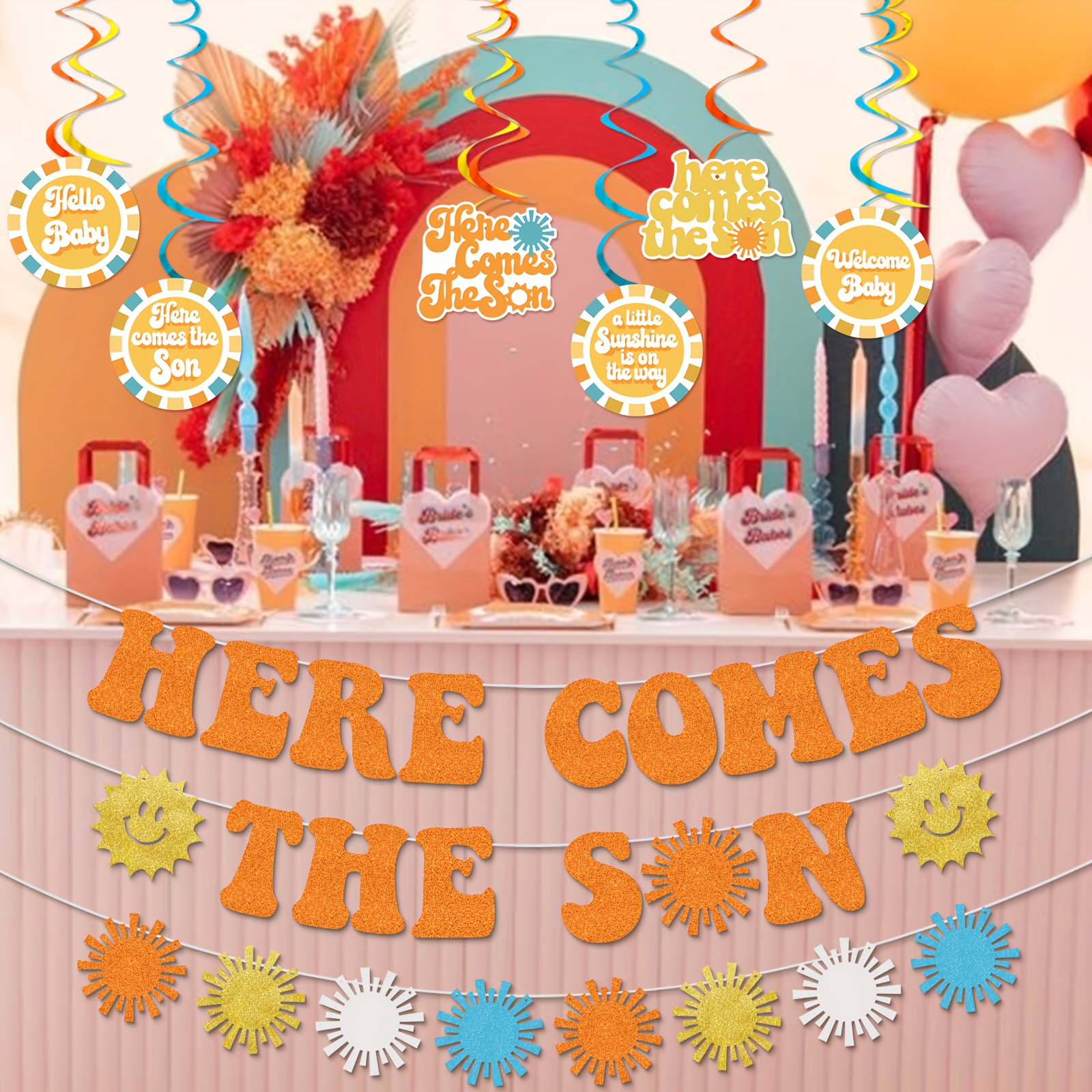 Set/40pcs, Here Comes The Son Baby Shower Decorations Sunshine Decorations  Retro Party Decorations Boho Sunshine Retro Decorations