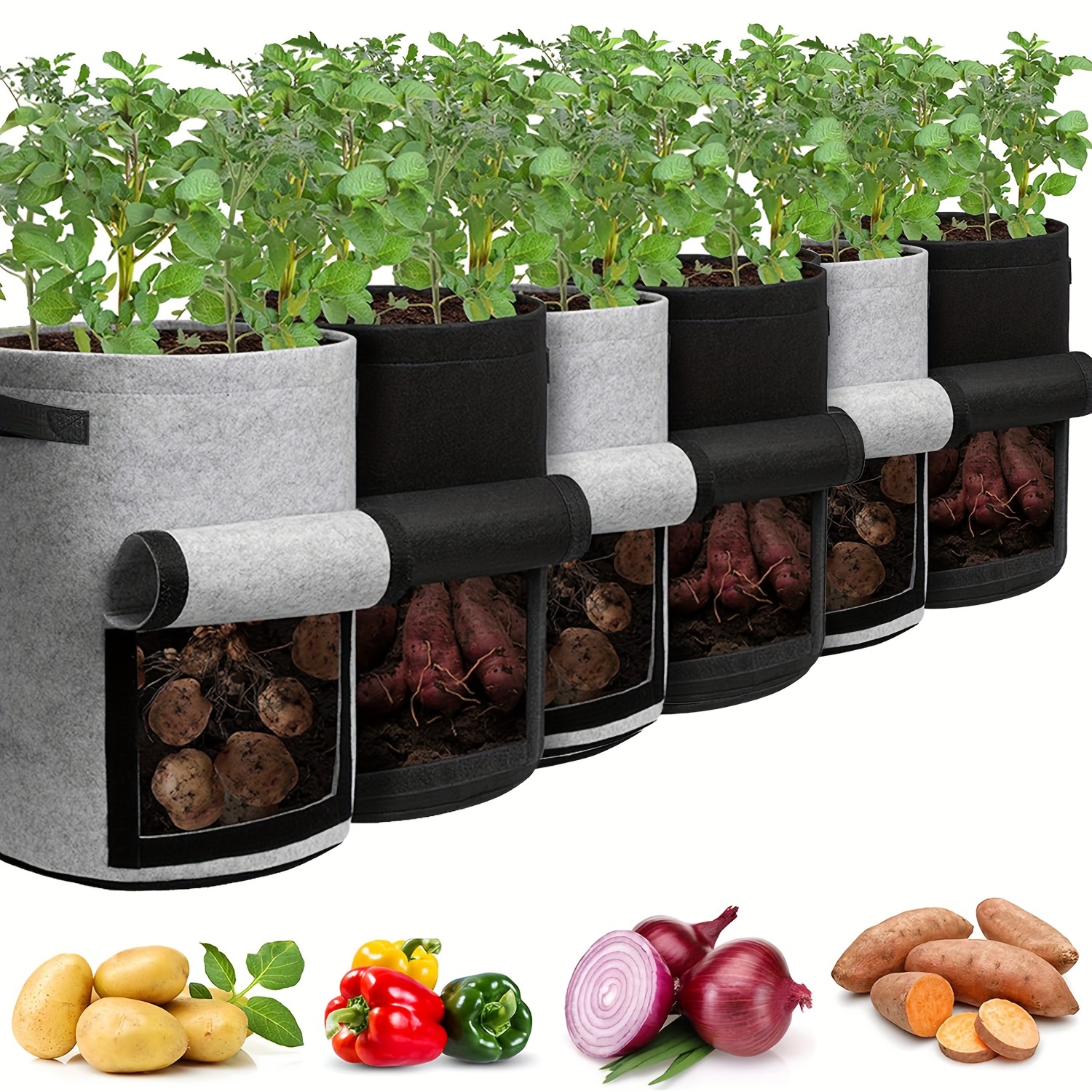 

6 Packs, 10 Gallon Potato Grow Bags With Flap Window, Garden Planting Bag With Durable Handle, Plant Pots For Tomato, Vegetable And Fruits