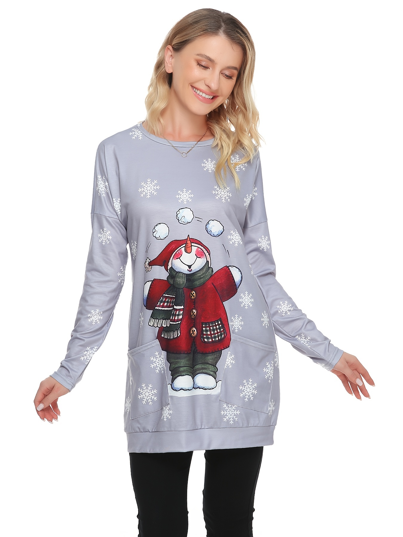 Plus Size Tshirt for Womens Cute Snowman Snowflake Print Loose Pullover Top  Christmas Holiday Blouse 3/4 Sleeve Shirts