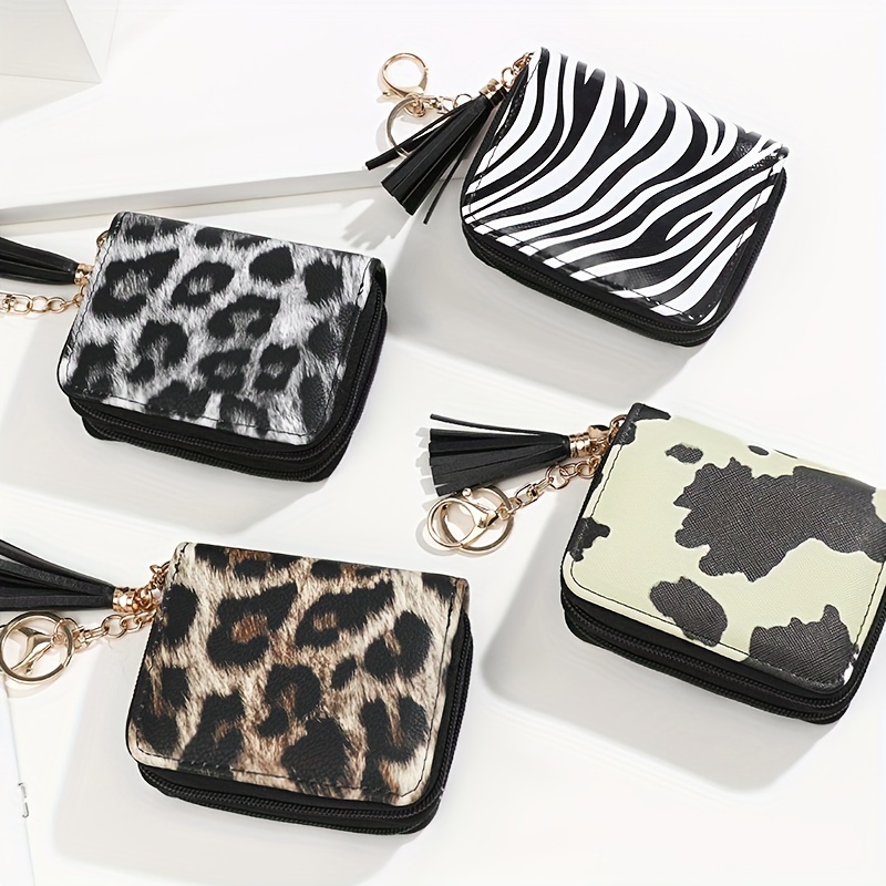 Double Zipper Layer Short Wallet, Animal Skin Pattern Coin Purse, Classic Credit  Card Holder With Tassel Decor - Temu