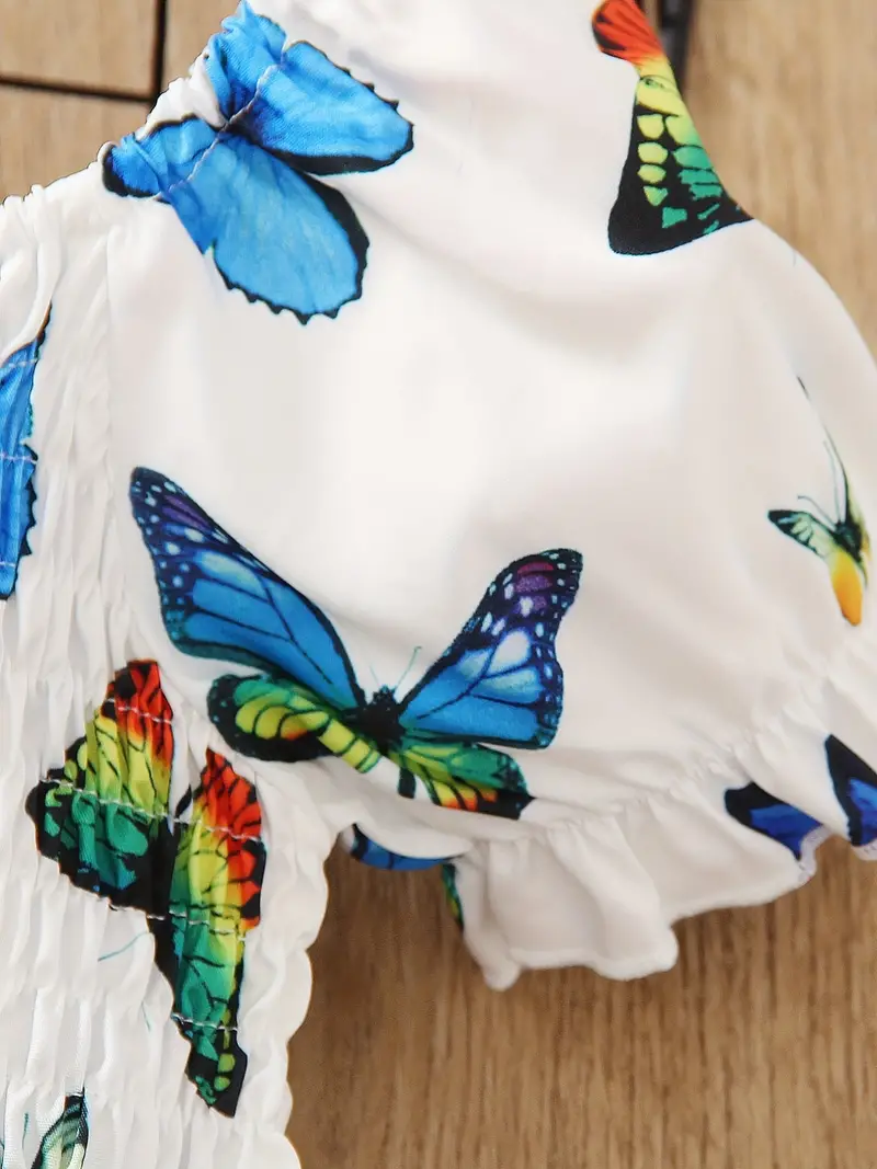 toddler girls puff sleeve frill trim shirred colorful butterfly graphic princess dress for party beach vacation cute romantic kids summer clothes details 25
