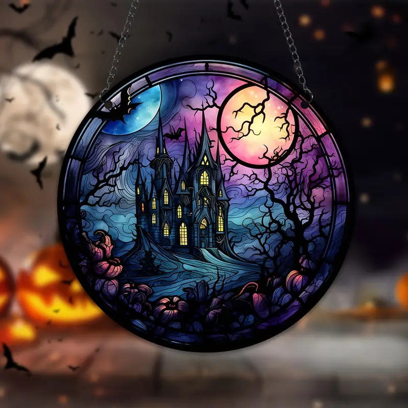 1pc halloween moon castles stained suncatcher halloween window hanging fall decor home decor party gifts for halloween wreath sign details 4