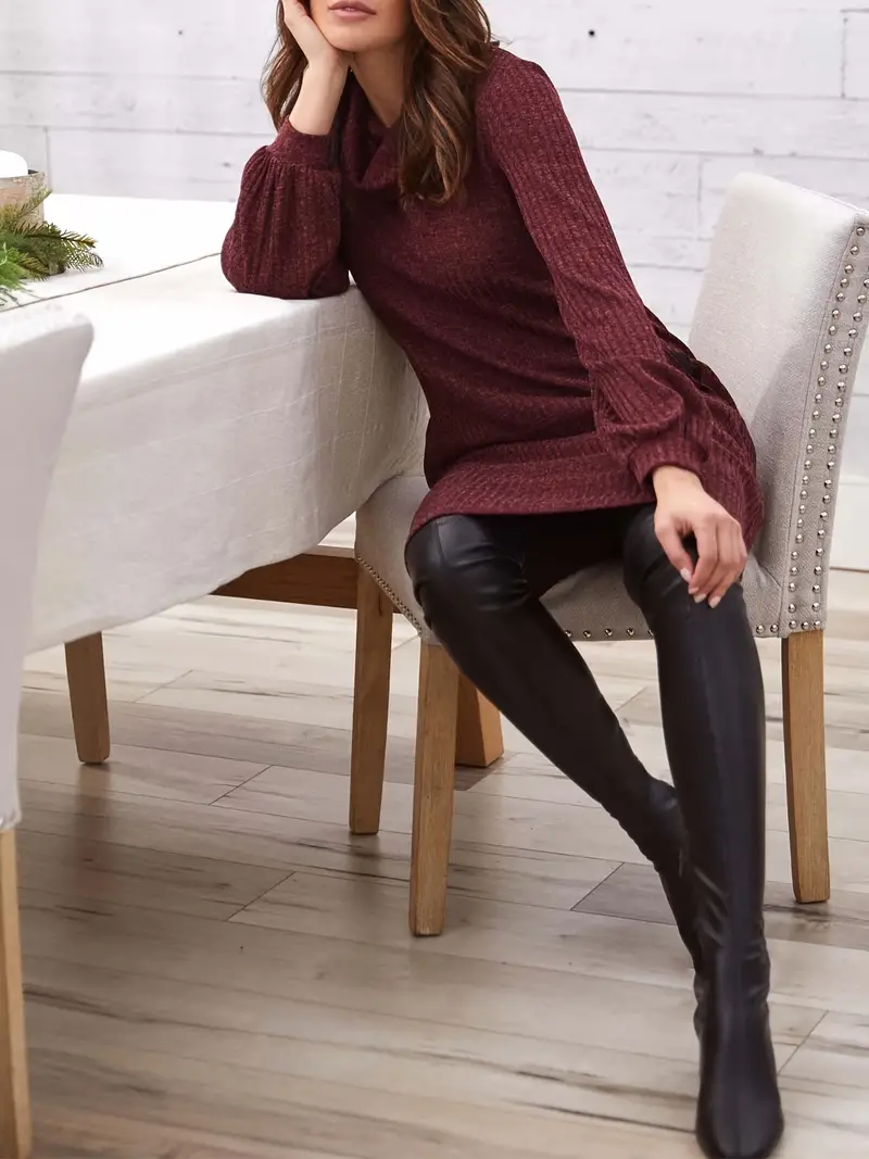 Plus Size Casual Dress, Women's Plus Solid Ribbed Long Sleeve Turtleneck  Knee Length Dress