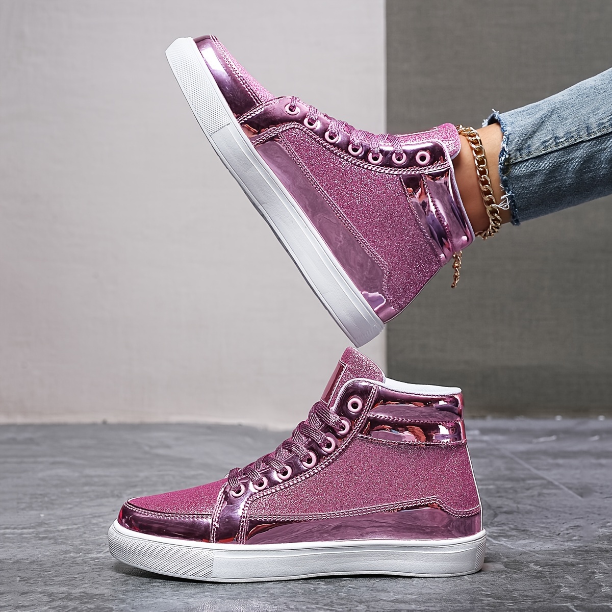 Sequin Decor Glitter Reflective High Top Skate Shoes Flat - Temu