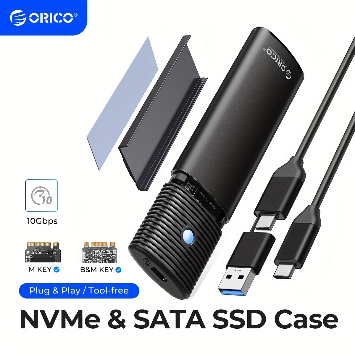 ORICO M2 NVME SSD Case, M.2 NGFF SATA Case, Hard Drive Case untuk M Key/ M  + B Key SSD 10Gbps Enclosure M.2 NVME PCIE /SATA M2 Box