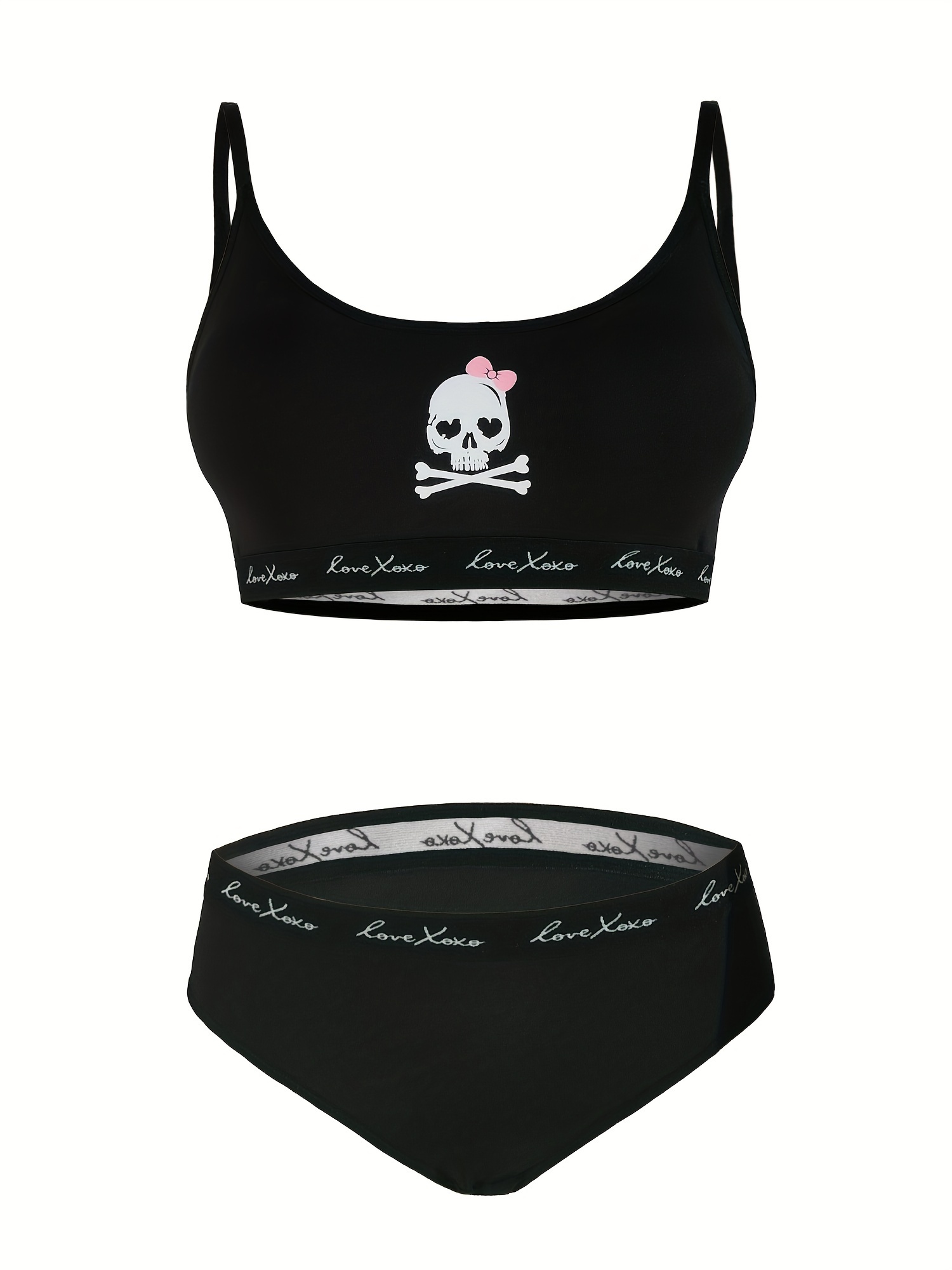 Skull Print Halloween Bra & Panties, Wireless Bra & Elastic Panties  Lingerie Set, Women's Lingerie & Underwear