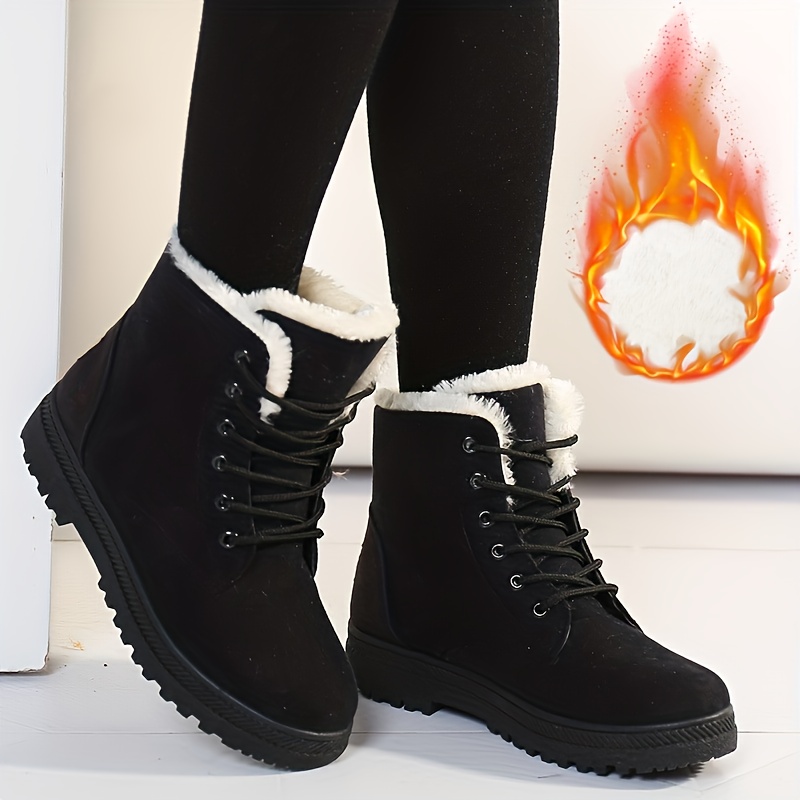 Women's Flat Ankle Boots, Solid Color Lace Up Plush Lined Thermal Shoes,  Warm Soft Sole Short Boots - Temu