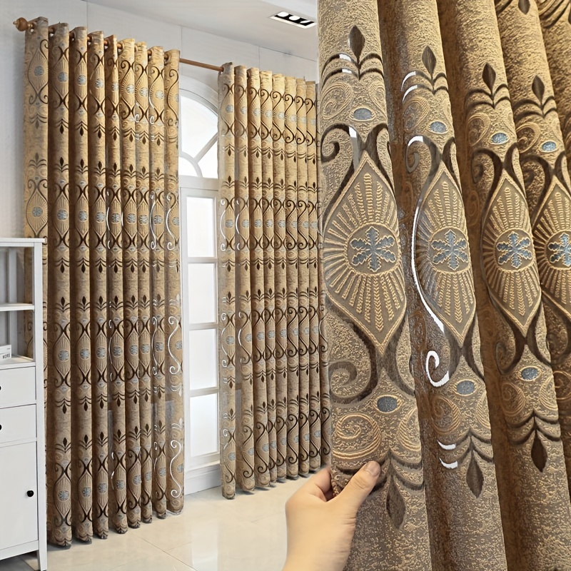 

1panel European Retro Thick Curtain Coffee Fashion Jacquard Curtain Gauze Hollowed Out Sunshade Partition Curtain For Living Room Bedroom Office Balcony Home Decoration