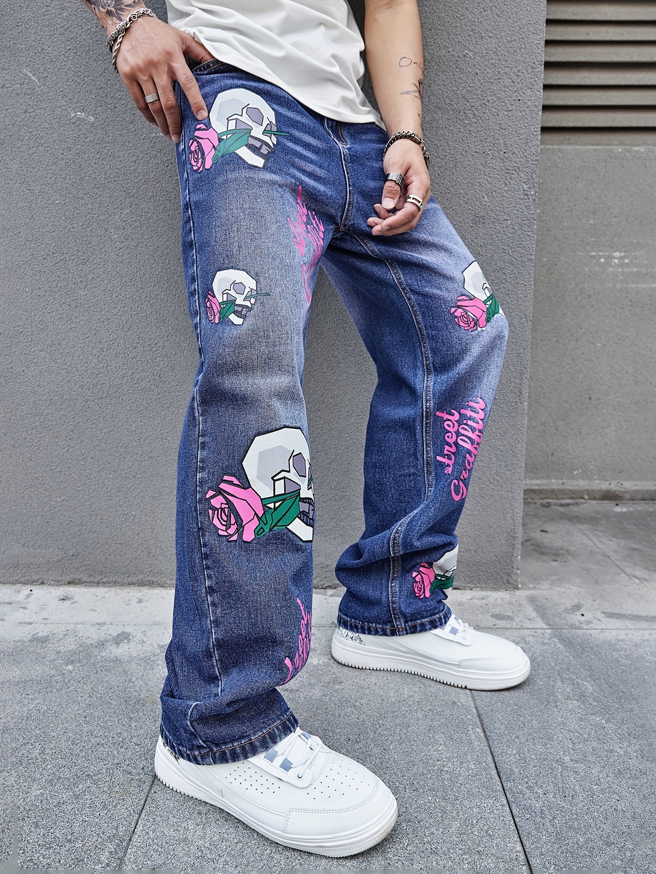 Men's Y2k Cotton Jeans Casual Slim Fit 3d Skull Print - Temu
