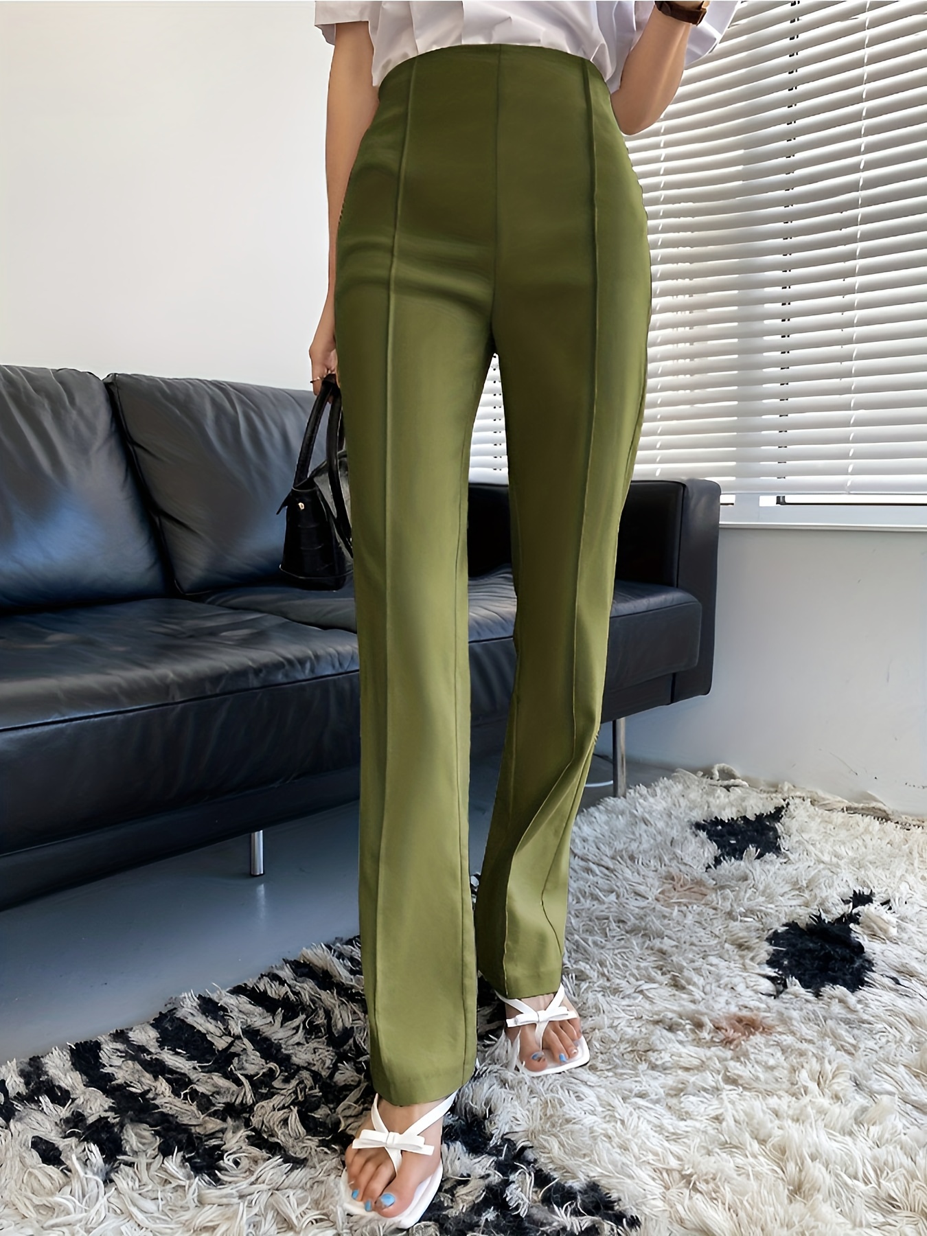 Solid Slim Pintuck Pants, Casual High Waist Pants, Women's Clothing