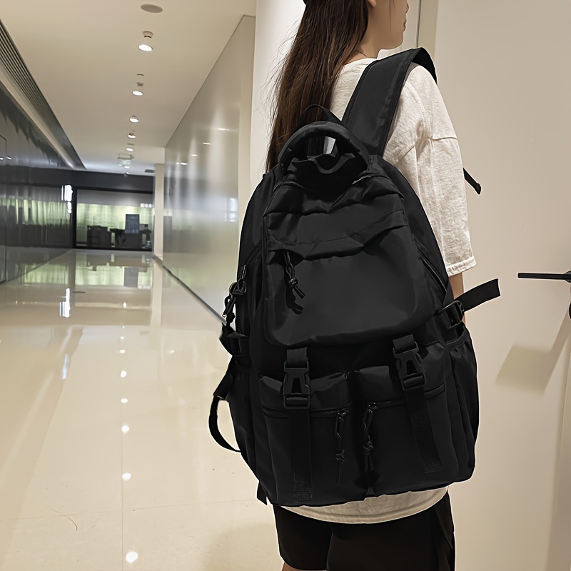 Large Capacity Flap Backpack, Pocket Front Schoolbag, Casual Nylon Travel Bookbag With Pendant