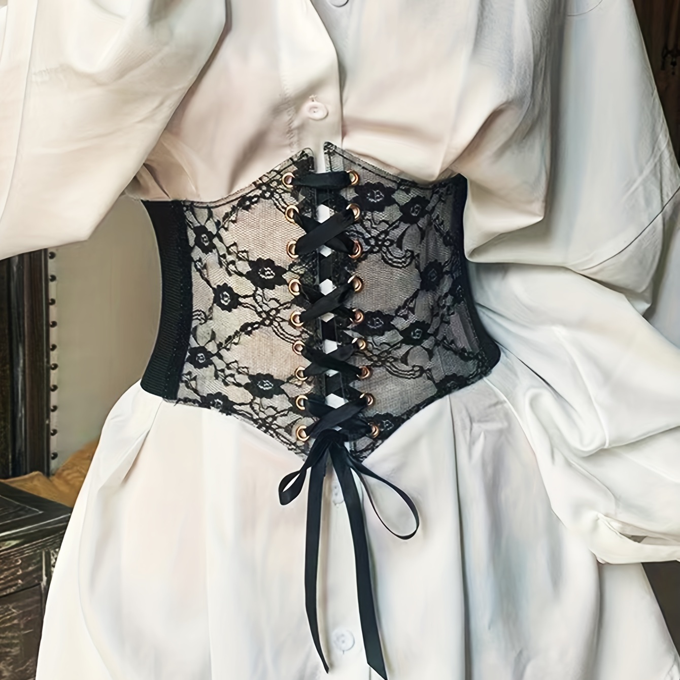 Vintage Elastic Wide Belt Black Lace Up Corset Waspie Waistband Simple PU  Dress Girdle For Women Girls