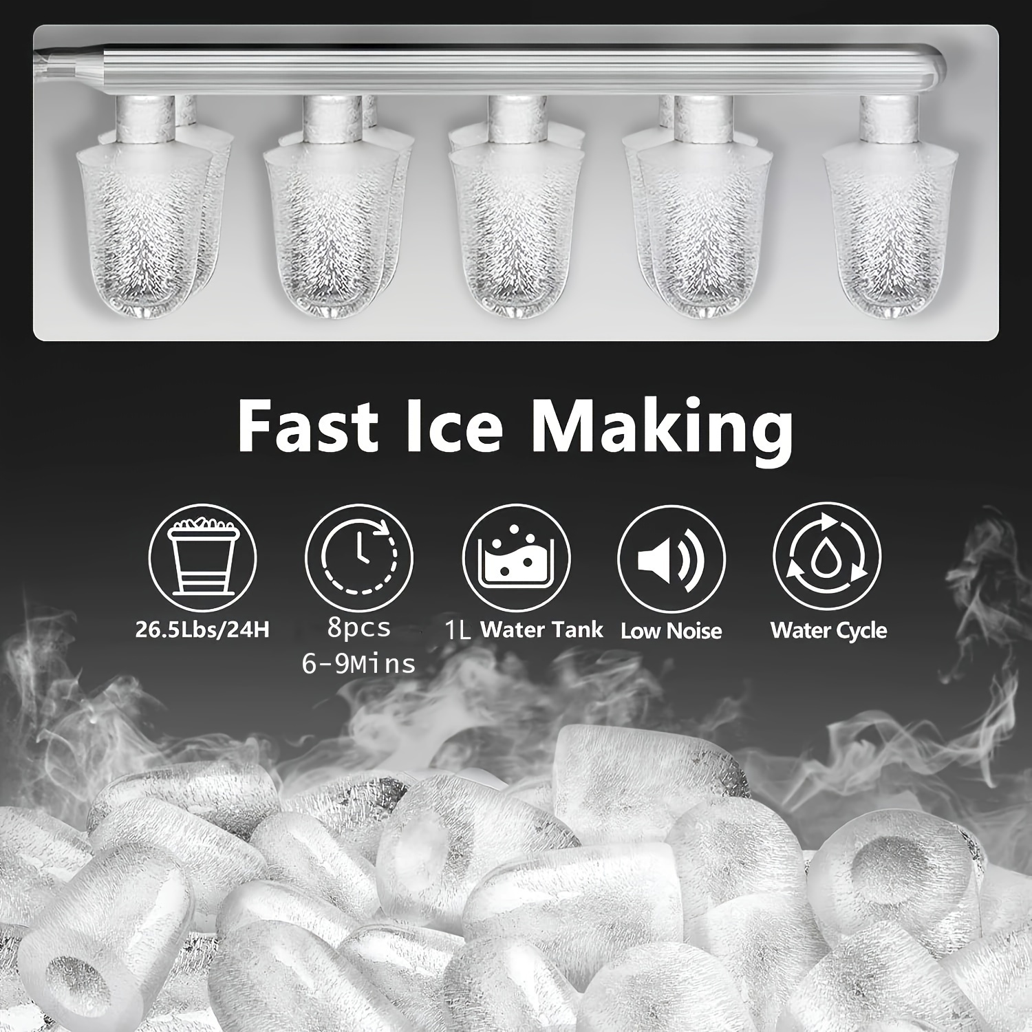 Countertop Ice Maker, 9 Bullet Ice Cubes in 6 Minutes, 26.5 Pounds