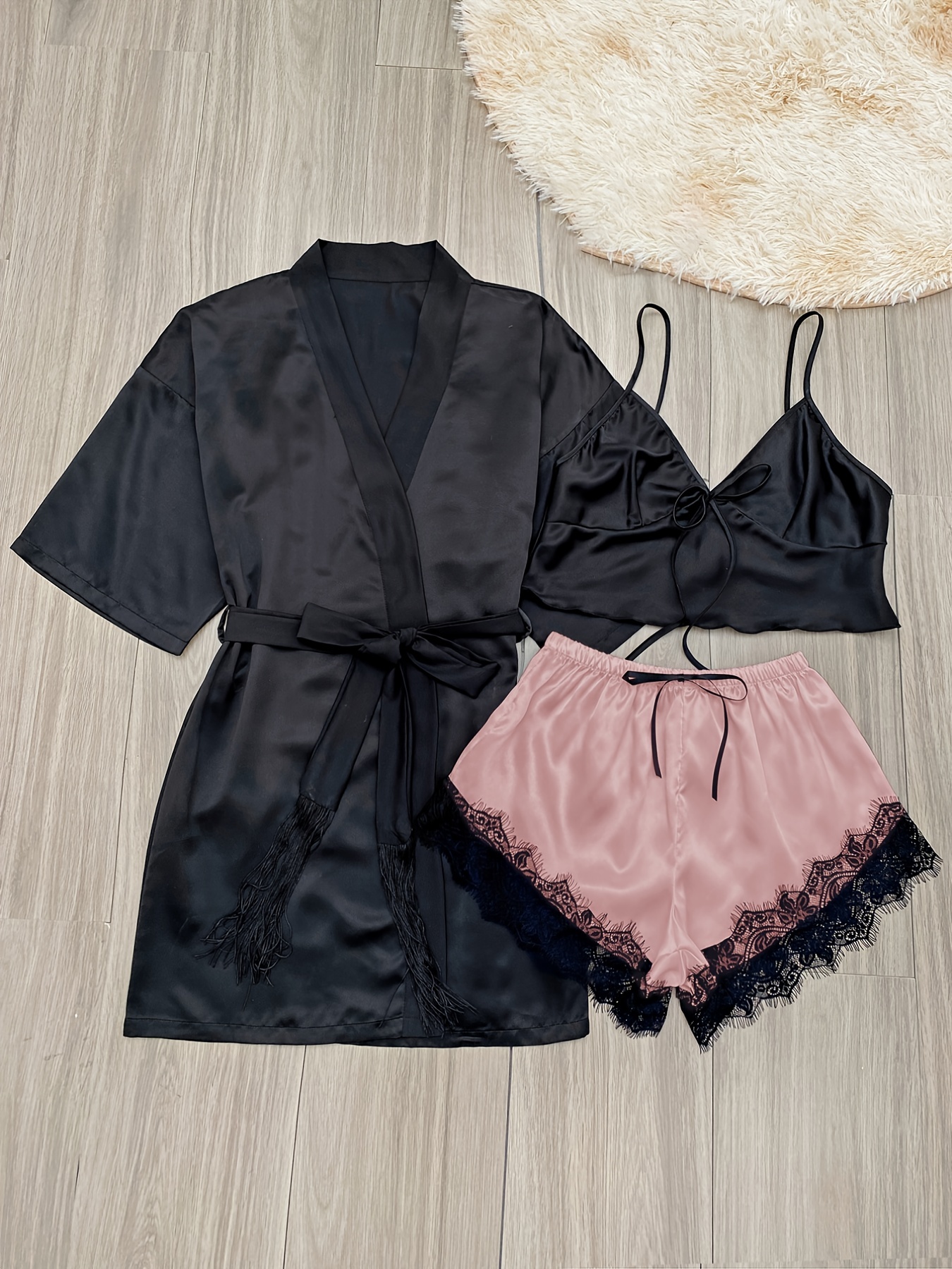 Sexy Lace Trim Satin Pajama Set Sleeveless Tops Shorts Set - Temu