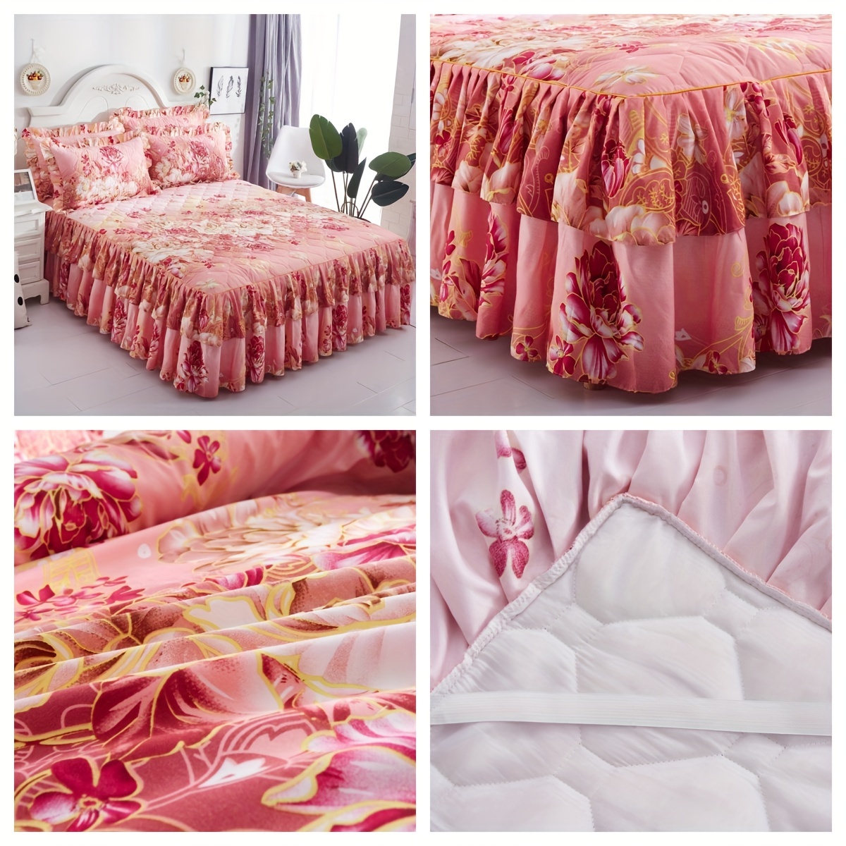 3pcs contemporary floral bed skirt set machine washable   double layer full wrap anti slip mattress protector woven polyester 90g fabric weight details 0