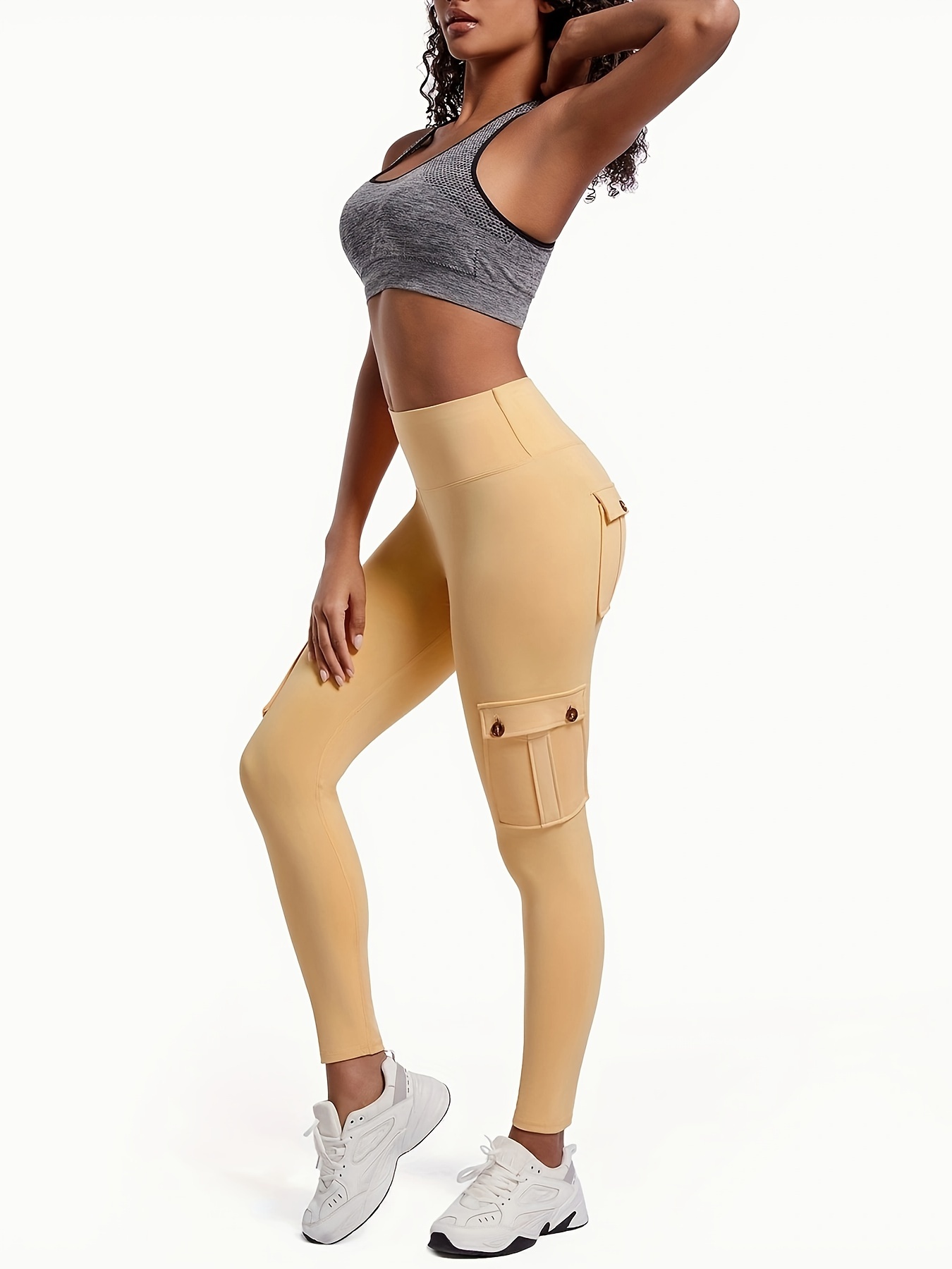 Women Cargo Yoga Leggings with 4 Pockets Tummy Control Workout Pants High  Waist