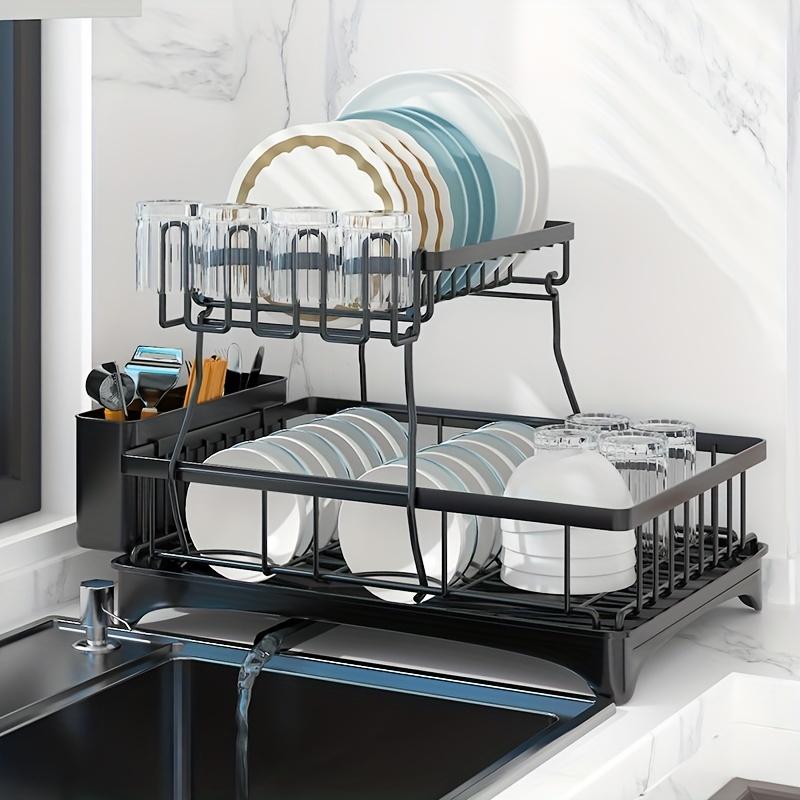 Dish Drying Rack-2 Tier Stainless Steel Large Dish Rack with Drain Board  for Kitchen Counter Drainage, Dish Drainers with Wine Glass Holder, Utensil  Holder and Extra Dryer Mat,black 