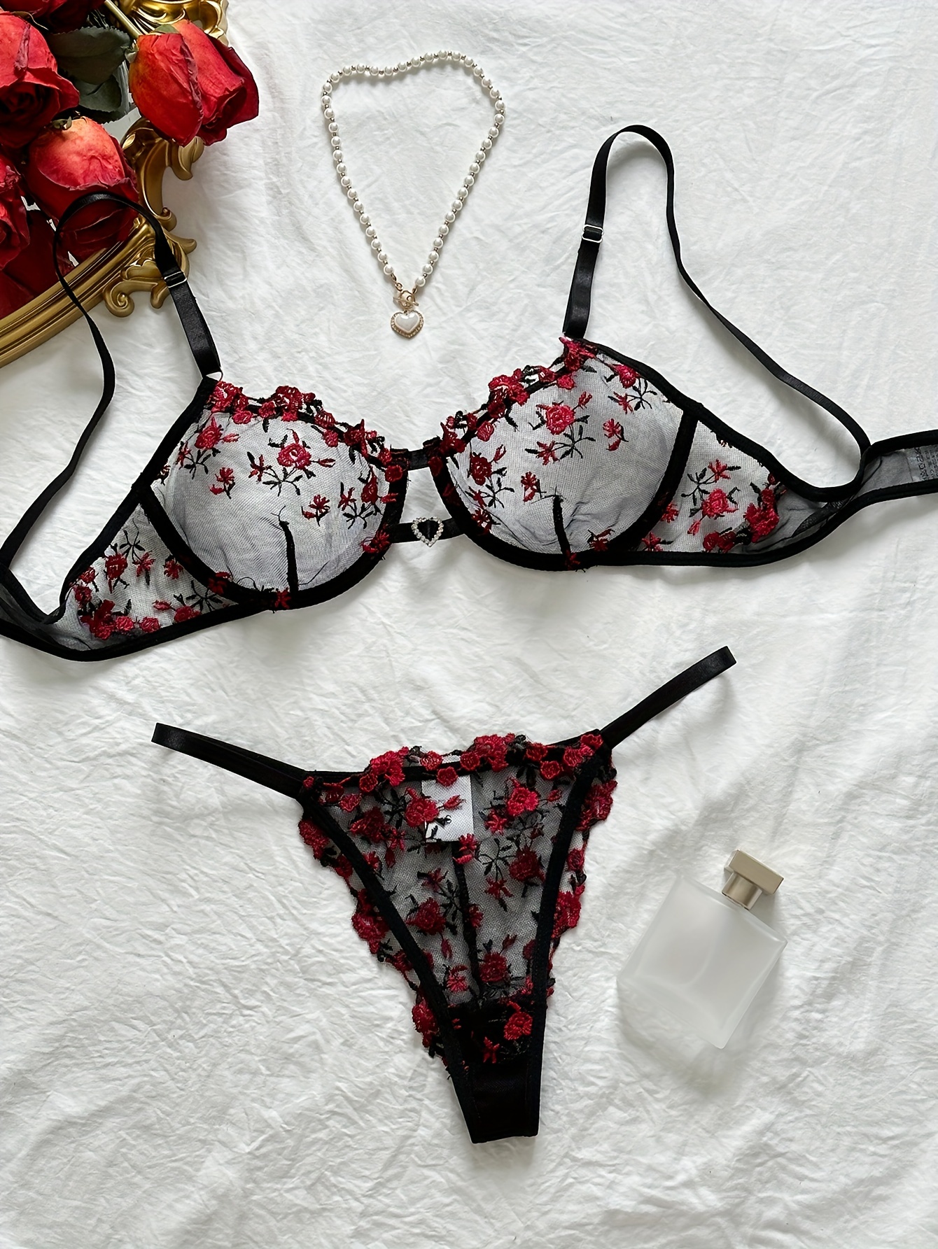 Floral Embroidery Lingerie Set Hollow Unlined Bra Sheer Mesh - Temu Canada