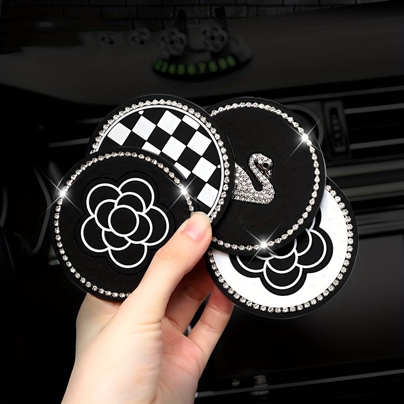 

2pcs Car Interior High-end Fashion Artificial Diamond Camellia Silicone Car Coaster - Anti-slip, Anti-wear & Universal For Women's Ornaments