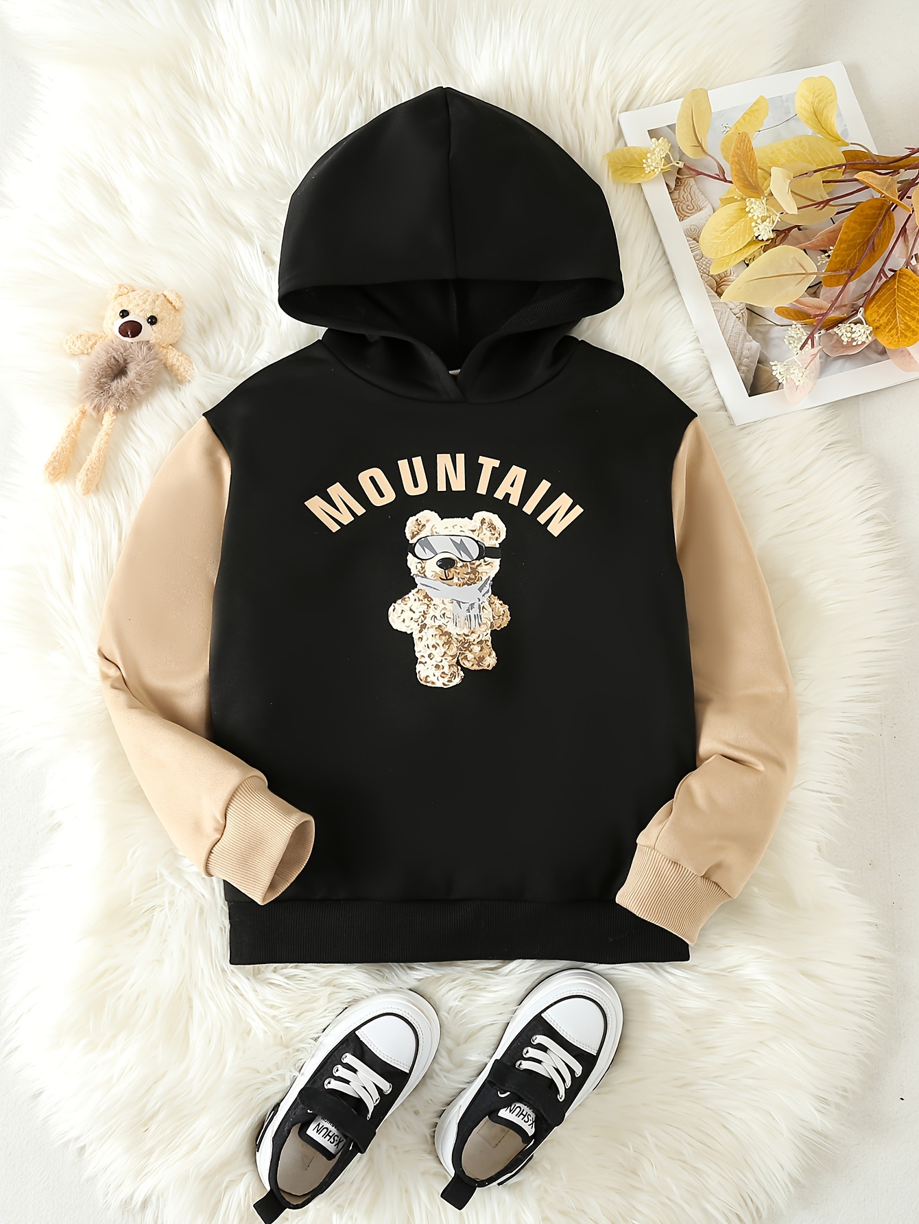 Mountain Bear Print Girls Sweatshirt Color Block Trendy Hooded