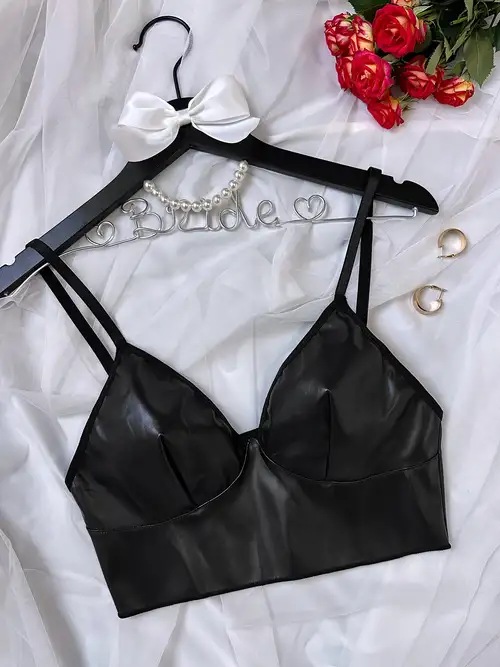 Plus Size Sexy Lingerie Set, Women's Plus Solid PU Leather Strappy Bra &  Cut Out Thong, Harness Lingerie Two Piece Set
