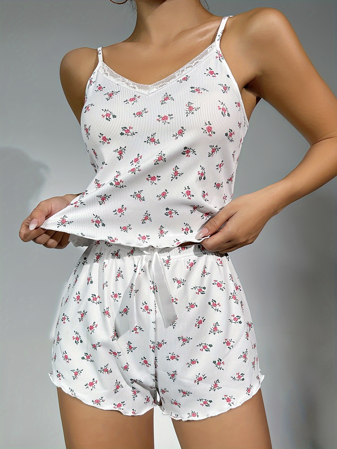 Casual Ditsy Floral Print Lace Trim Pajama Set V Neck Cami - Temu